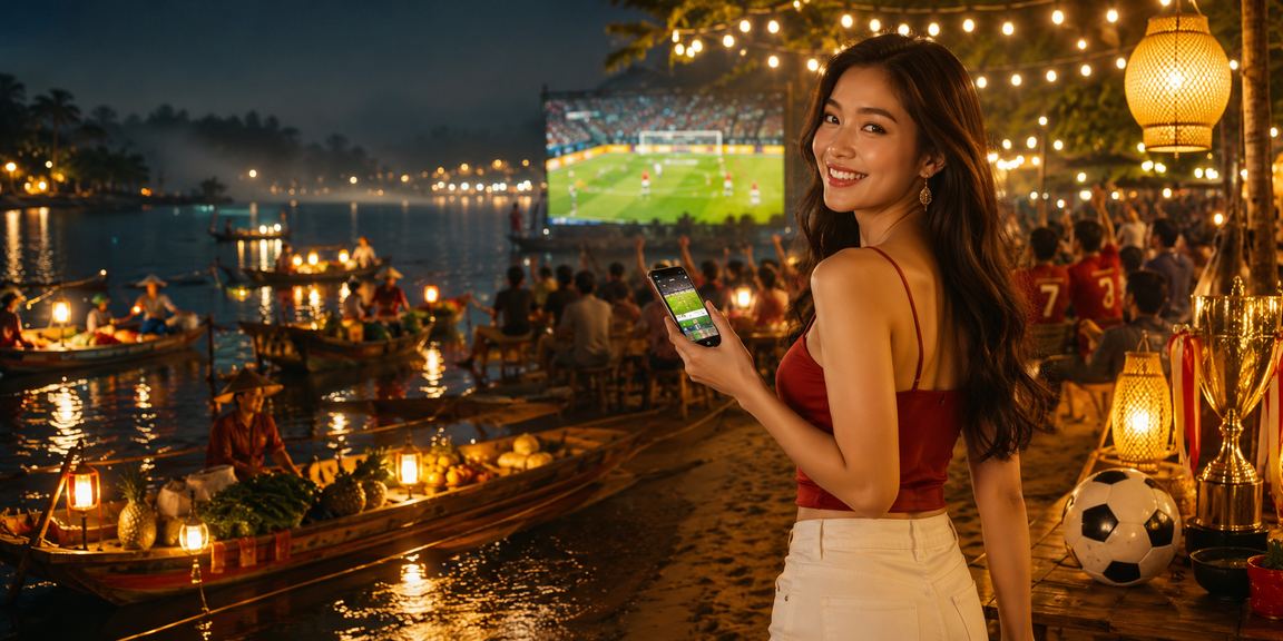 Nhóm bạn trẻ tại chợ đêm Đà Lạt xem kèo bóng đá trên điện thoại