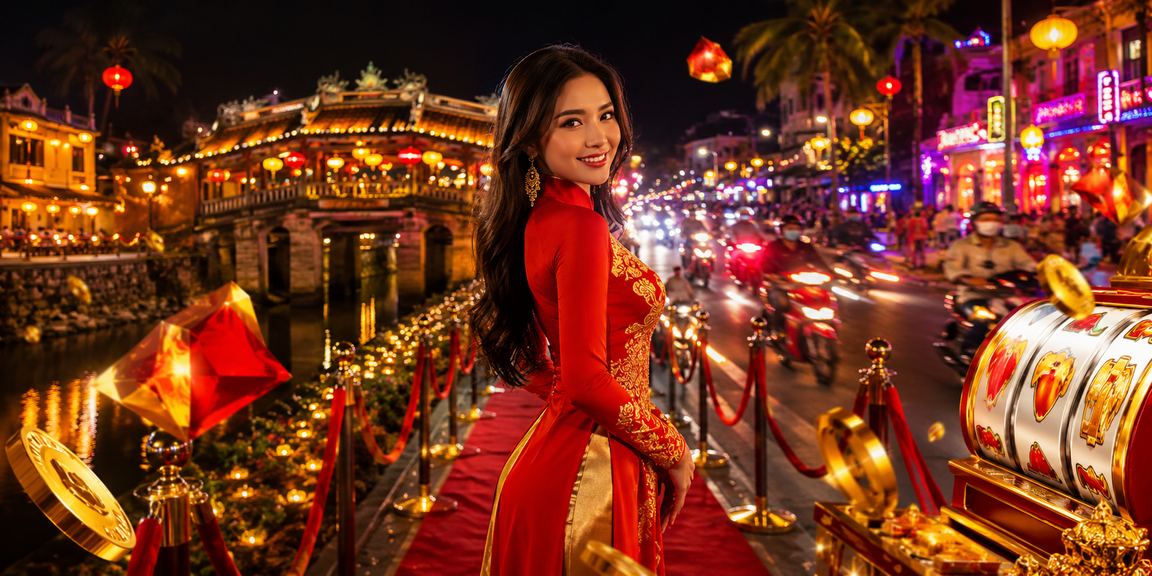 Người dùng Hội An tham gia slot game trực tuyến với trang phục áo dài truyền thống
